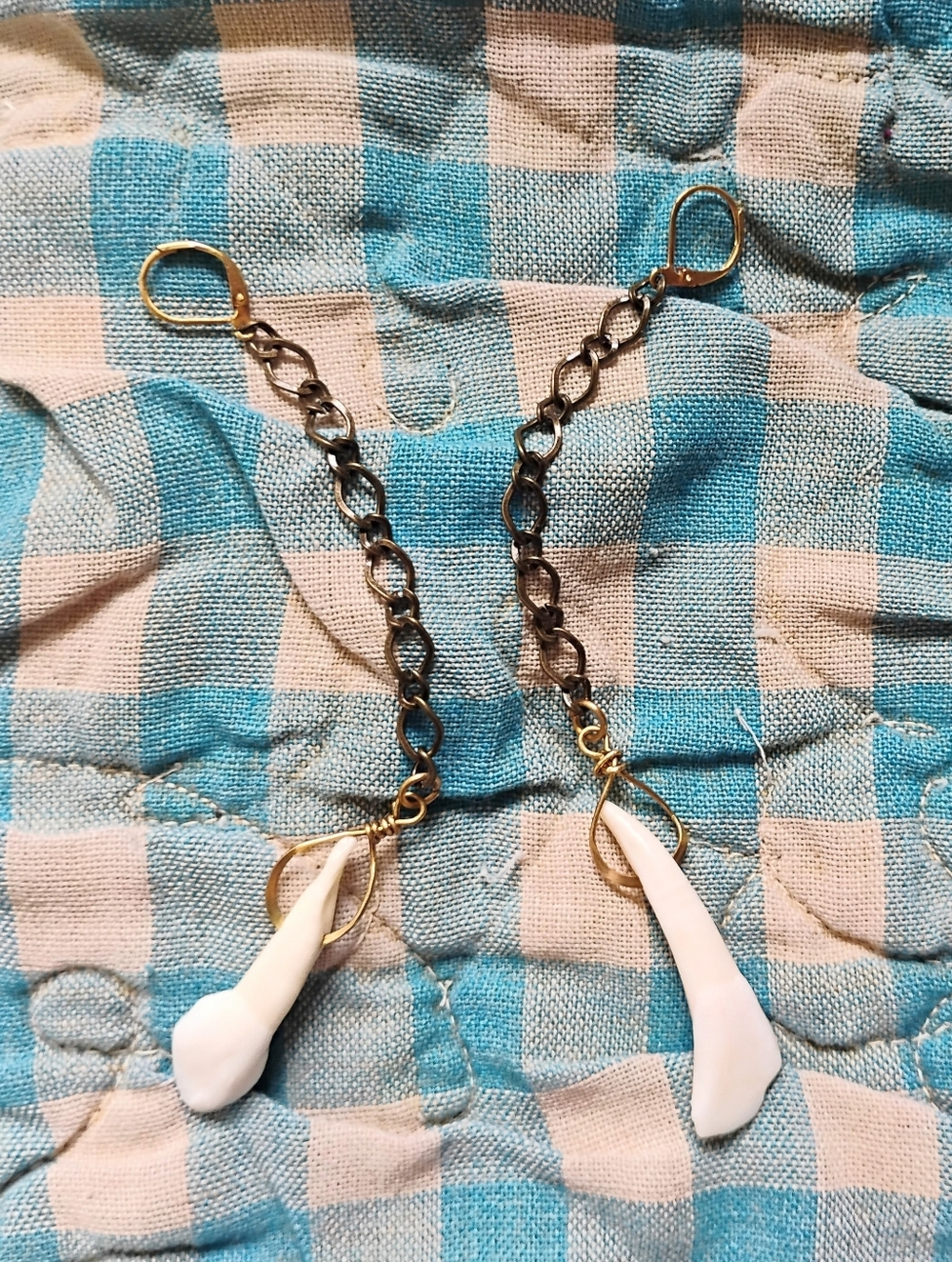 Long Buffalo Tooth Chain Earrings - Handmade - Picture 2 of 6